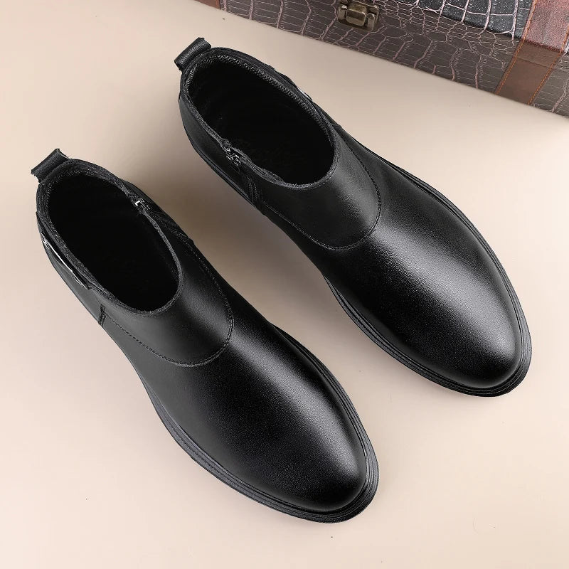Winter New Fashion Cotton Shoes Men's Plush Genuine Leather Casual Snow Boots Slip on Male Business Footwear Comfy Ankle Boots