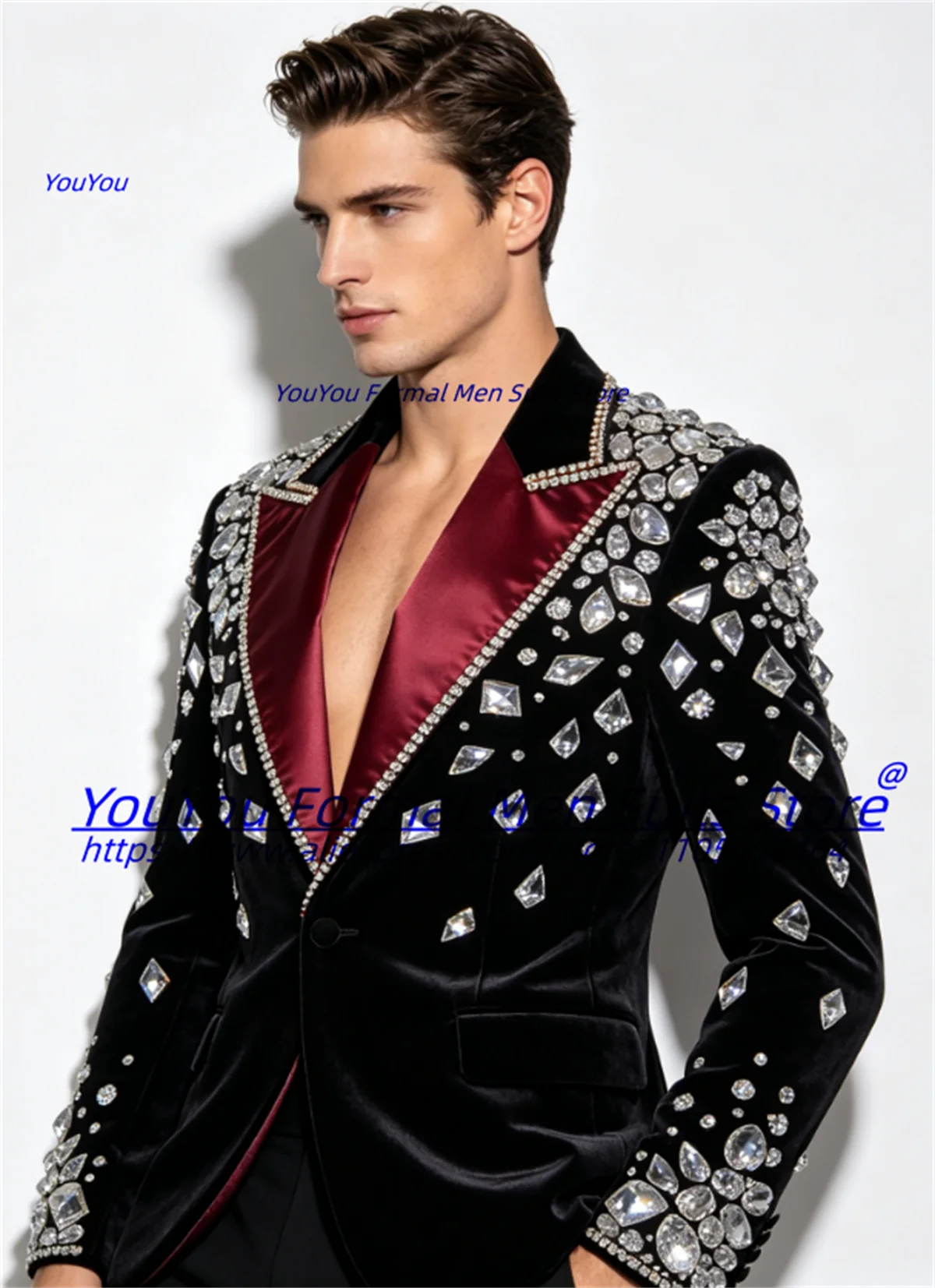 Luxurious Black Velvet Men Suits Customized Slim Fit Peak Lapel Groom Wedding Tuxedos Shiny Diamond Crystal2Pcs Sets Ropa Hombre