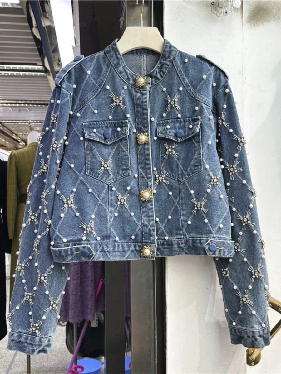 European and American style heavy industry embroidery splicing denim jacket 2025 new print loose casual denim women's jacket top