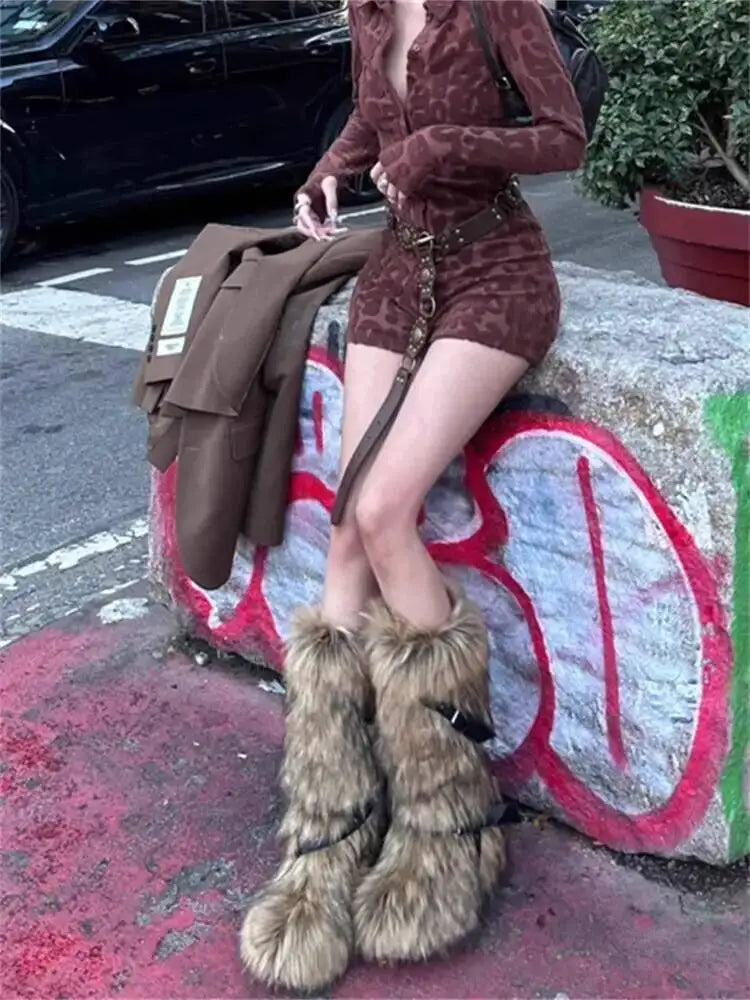 2025 Winter Subculture High Top Furry Boots For Women Snow Boots Niche Lined Thick Soled Long Tube Snow Boots