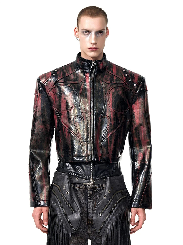 Mauroicardi Spring Autumn Short Pu Leather Motorcycle Jacket Men Rivet Zipper Shoulder Pads Luxury Designer Streetwear Clothing