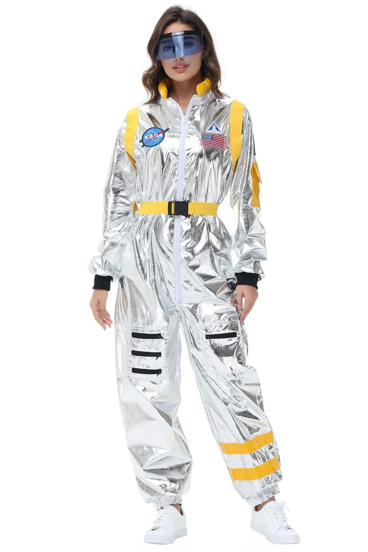 Adults Silver Astronaut Costume Space Suit Men Women Couple Jumpsuit Cosplay Halloween Carnival Party Dress Up
