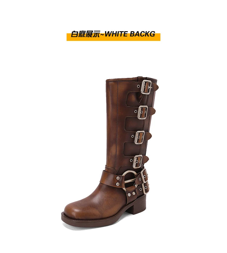 Arden Furtado Women's Cowhide Riding Boots Round Toe Pull-On Mid-Calf Genuine Leather Boots with Belt Buckle Knight Style