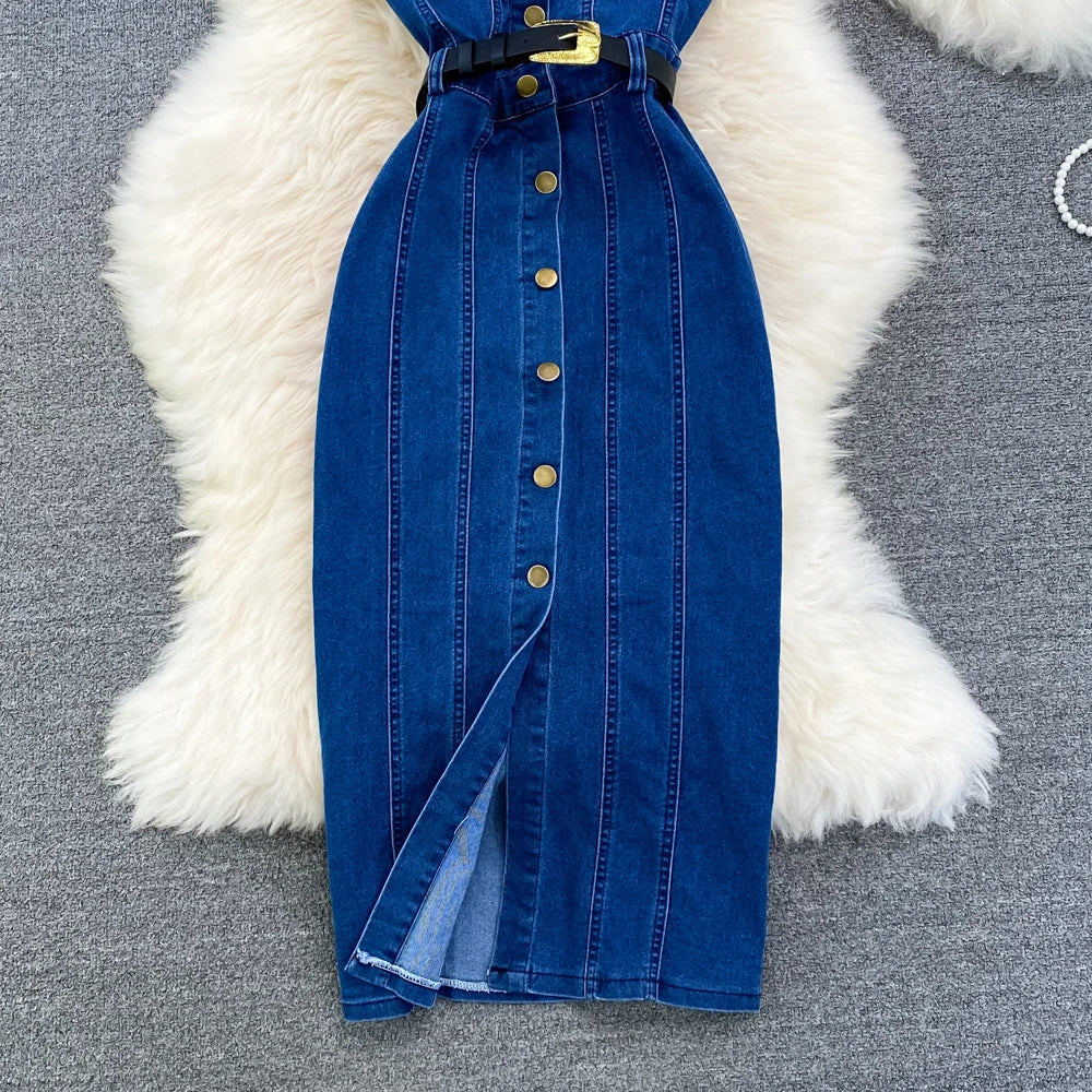 Denim Dress Women Sexy Long Dresses Vintage Vestidos A Line Sleeveless Backless Single Breasted Pockets 2025 Summer Sundress