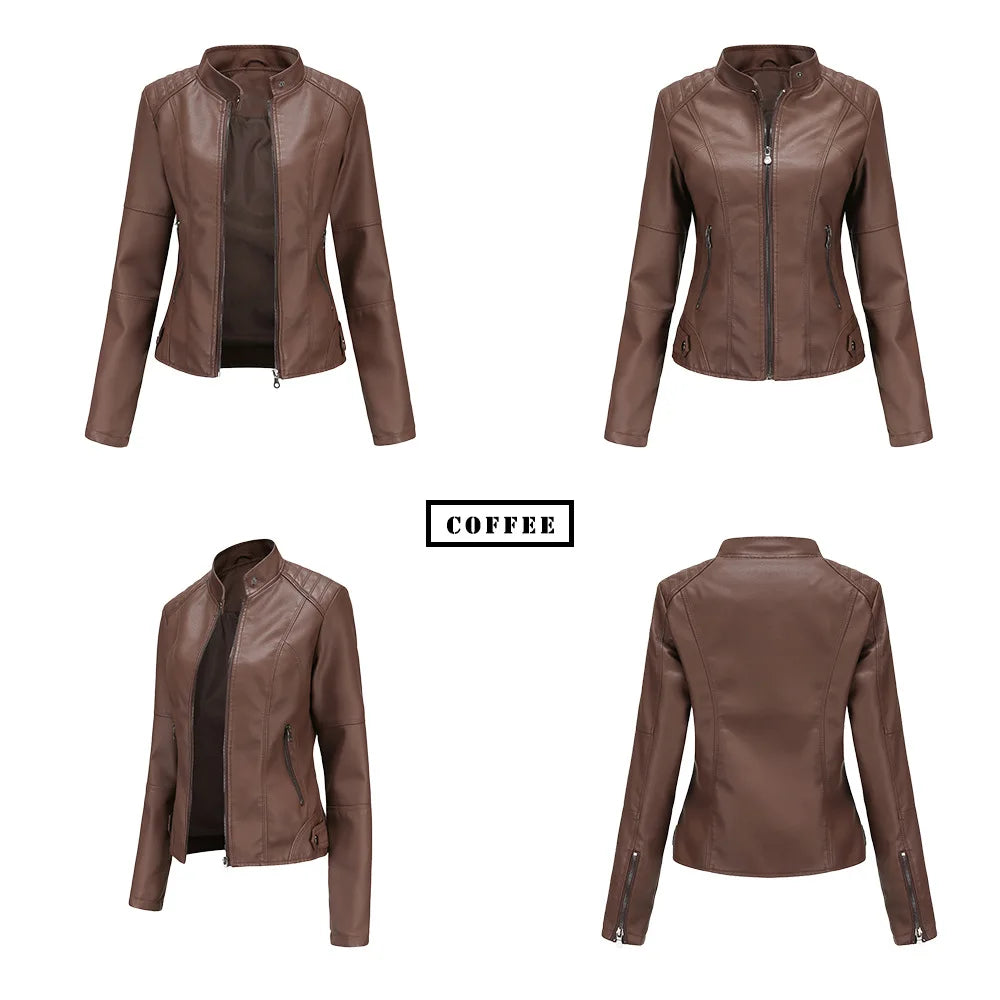 Women Moto Biker Zipper Jacket 2026 Faux Leather Jacket Women Spring Autumn Coat Black Brown Red Purple Navy Coffee Black XS 4XL