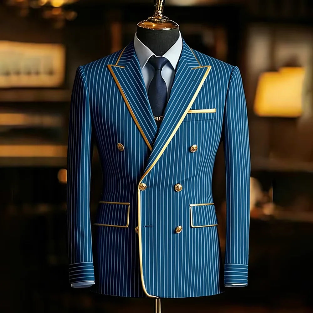 Men's Pinstripe Blazer Double Breasted Slim Fit Peaked Lapel With Gold Trim Formal Suit Jacket  For Groomsman Wedding Prom Hot