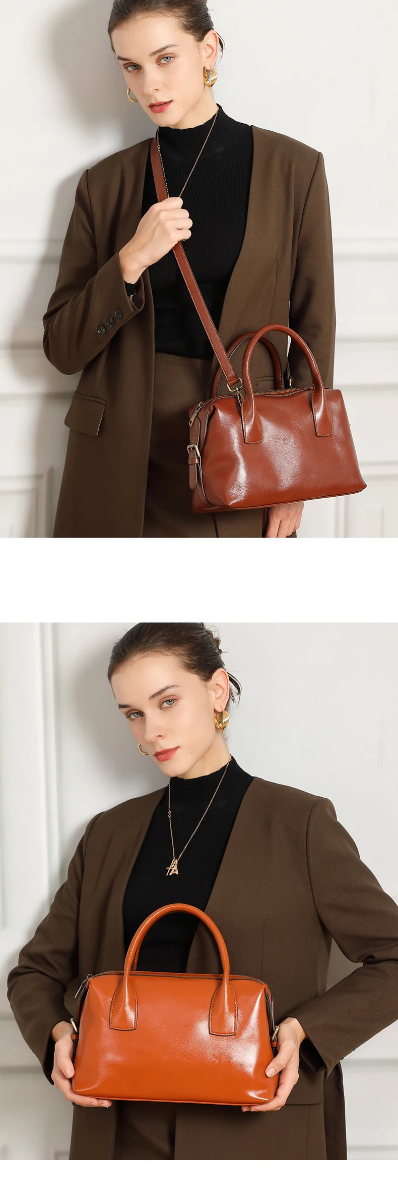 BURMINSA Genuine Cowhide Leather Handbags For Women Retro Pillow Top Handle Bags Bowling Daily Work Crossbody Shoulder Purses