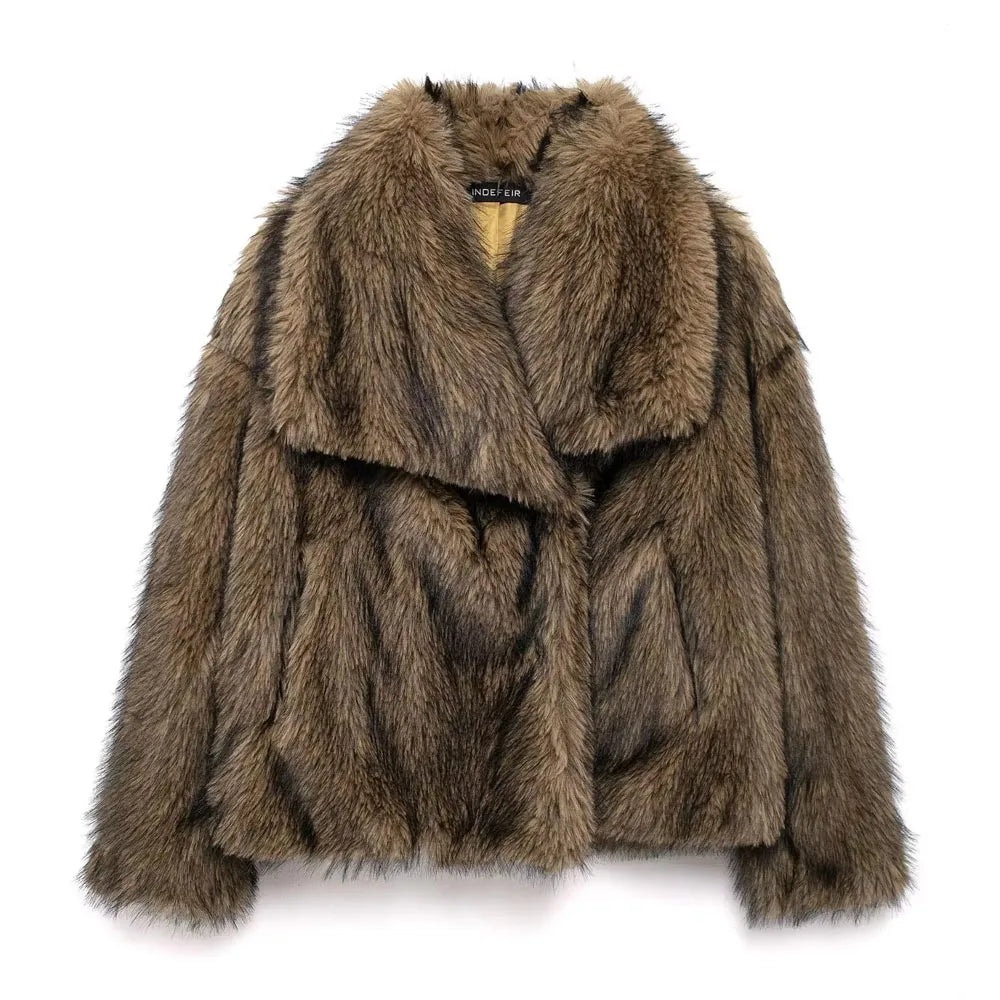 HH 2025 Winter Coats For Women New Artificial Fur Effect Loose Cropped Coat Female Versatile Streetwear Women's Cardigan