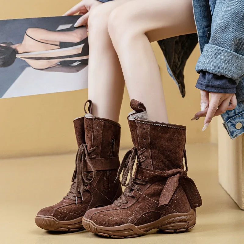 2025 Winter Genuine Leather Shoes Women Suede Boots Thick Sole 4.5cm Non-slip Warm Plush Fashion Brand Ladies Snow Boots D717