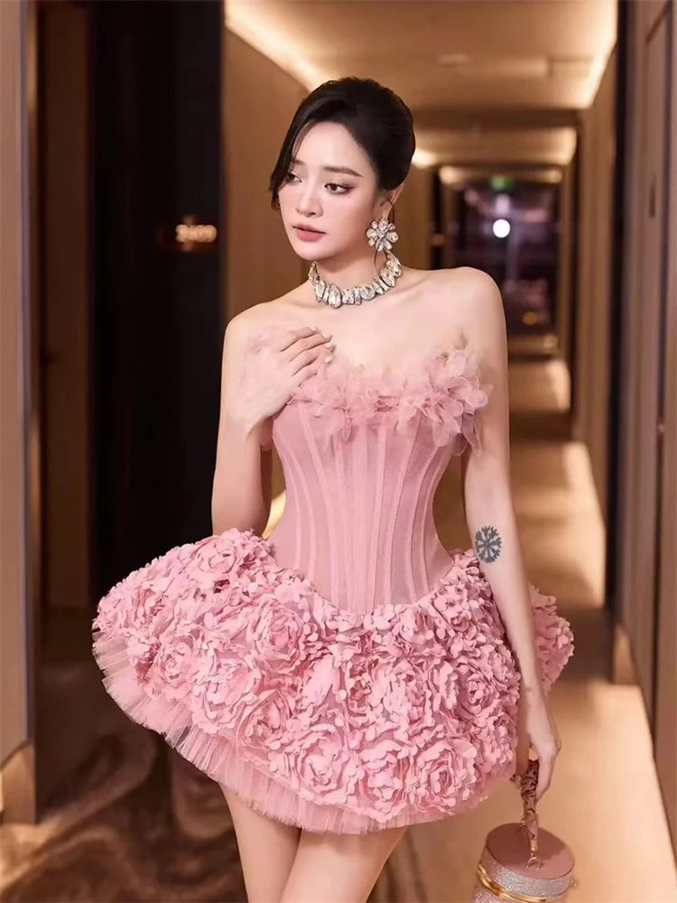 Sexy Strapless Flower Lace A-line Mini Dress Women Red Sleeveless Backless Floral Slim Dresses Evening Party Cocktail Gowns