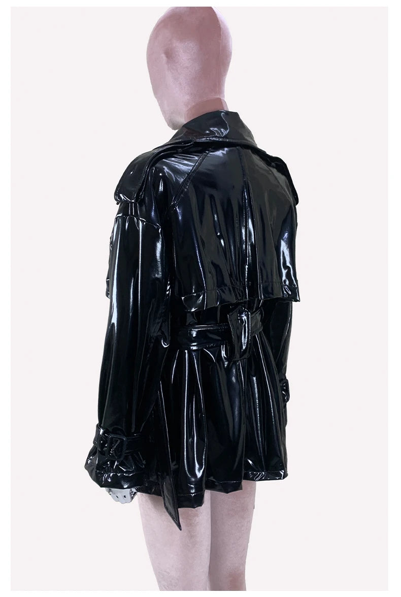 Nerazzurri Spring Autumn Oversized Thin Shiny Reflective Patent Leather Trench Coat for Women Double Breasted European Fashion