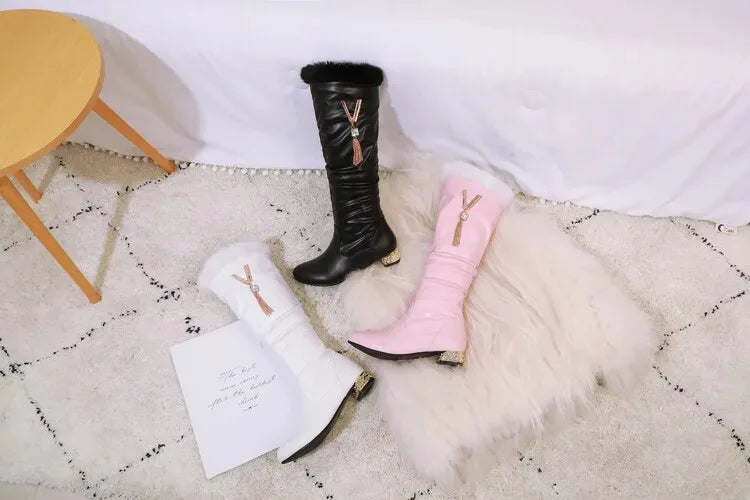 Winter Warm Knee High Boots Women Platform Wedges High Heels Snow Boots Slip on Winter Ladies Shoes White Black Pink 2025