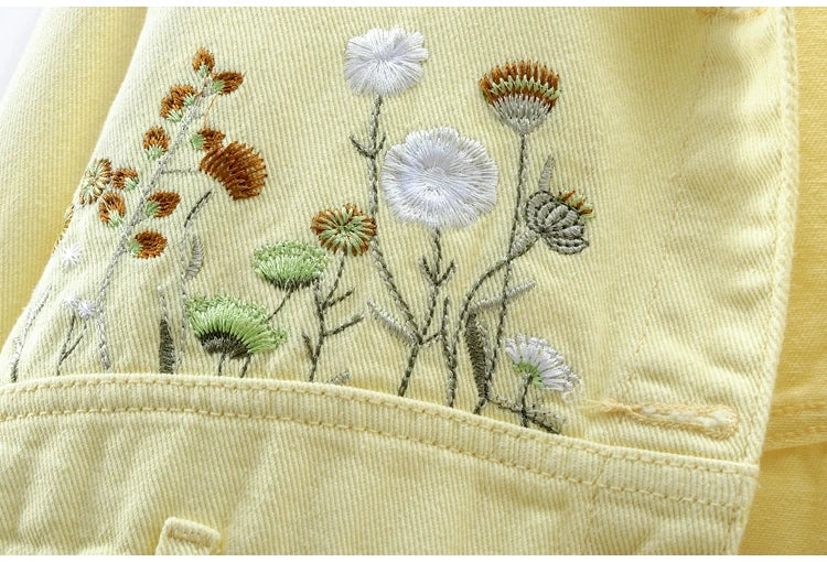 Chic Floral Embroidery Crop Denim Coats Women Lapel Long Sleeve Single Breasted Jeans Jacket Vintage Streetwear Female Outerwear