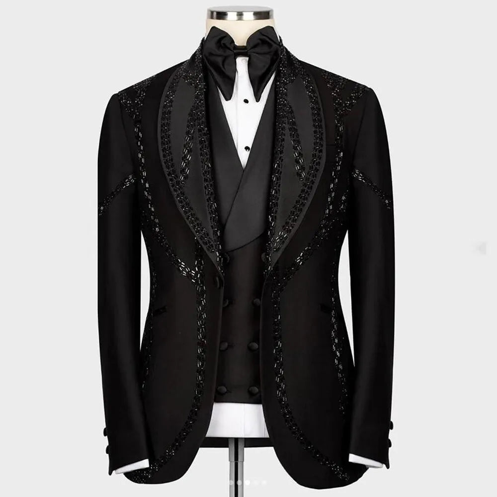 Luxury Beaded Stone Suits Men Slim Fit Shawl Lapel Jacket Vest Pants 3 Pieces Groom Tuxedo Customized Man Business Prom Blazer