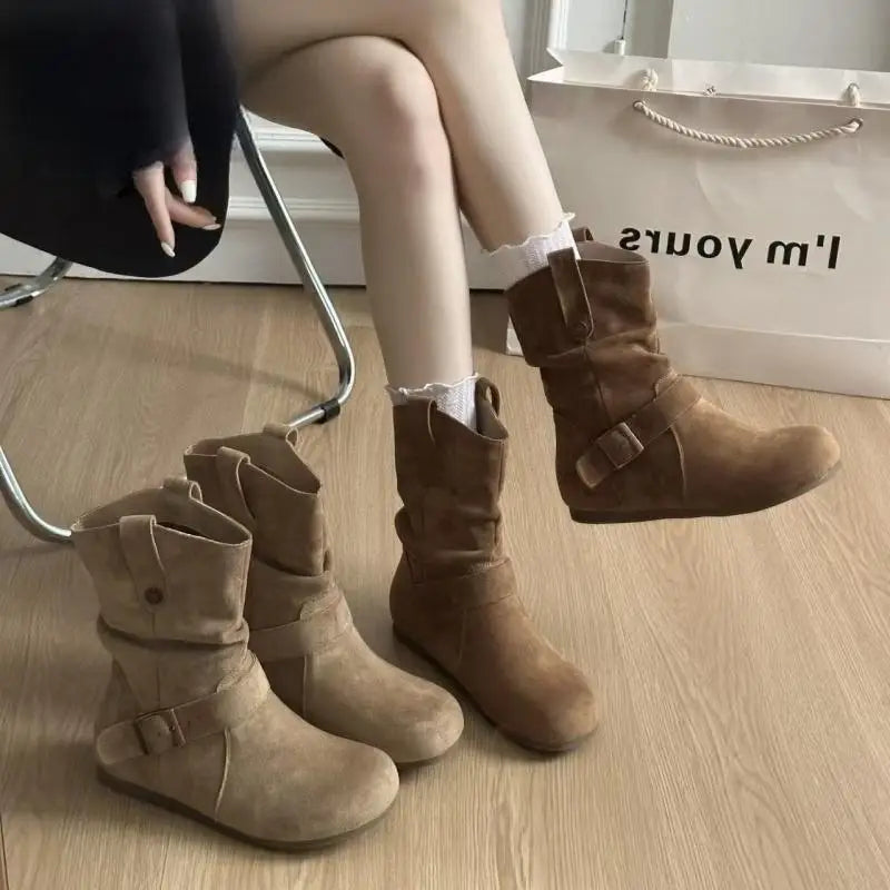 Women Suede Mid Calf Boots Vintage Buckle Strap Slouch Ankle Booties Retro Casual Flat Shoes Round Toe Slip On Short Boots