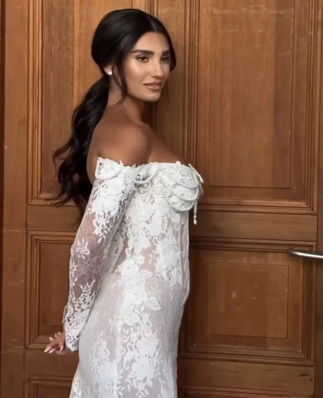 Fashion Lace Pearl Mermaid Wedding Dress Long Sleeve Elegant Off The Shoulder Boho Sexy Bridal Dresses
