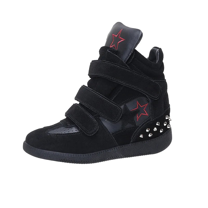 High Top Women's Sneakers New 2026 Autumn Winter Ankle Boots Thick Bottom Leather Casual Shoes Wedge Heels Hook&Loop Sport Shoes