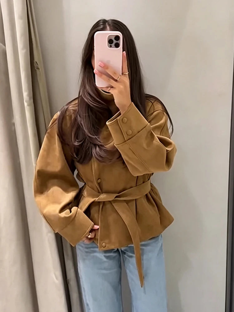 Women Brown Faux Suede Short Jacket Tie‑waist Long Sleeve Vintage Streetwear 2026 Lady New Autumn Winter Casual Outerwear Coat
