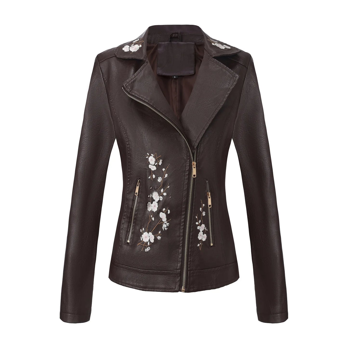 2026 New Women's Black Embroidered PU Jacket, Street-Style Brown Faux Leather Coat, Fashionable Beige Long Sleeves Top.