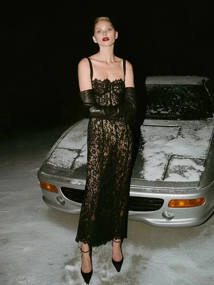 Sexy Spaghetti Strap V Neck Lace Long Dress Women Black Floral Lace Sleeveless Bodycon Dresses Elegant Evening Celebrity Party