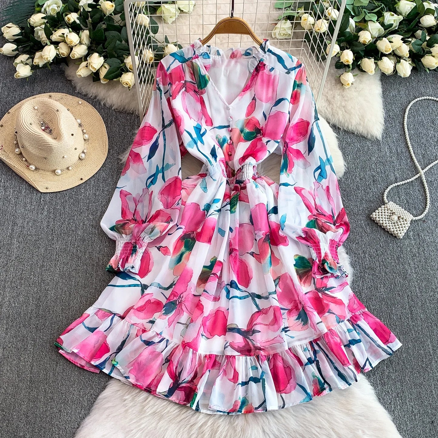 Vaion Sle V-Ne Printed Chiffon Women's Dr Elastic Waist Slimming A-Line Midi Skirt Bell Sve Long Sve Winter D...