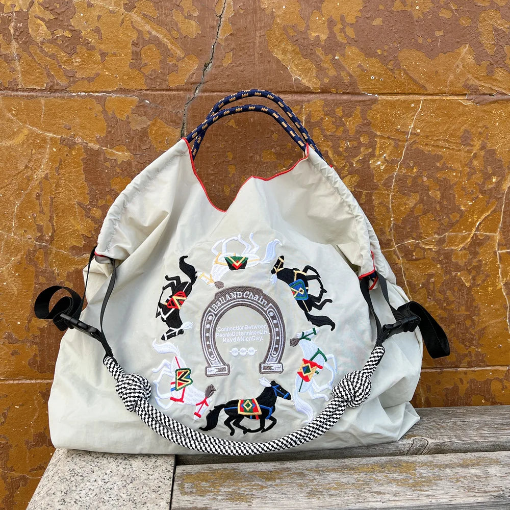 Large Medium Embroidered Shopping Bag, Casual Handheld Simple Large Capacity Shoulder Bag Shoulder Straps Included