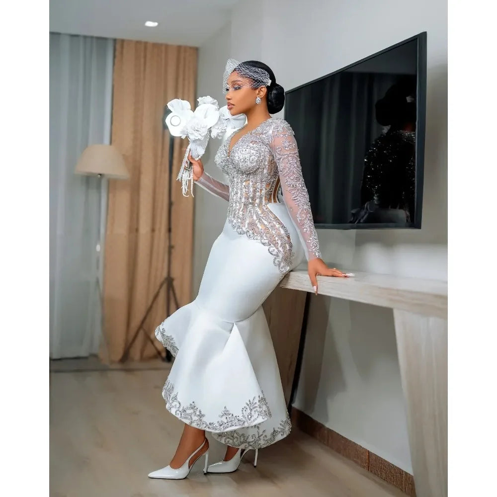 Elegant African Long Sleeve Short Wedding Dress Lace Beaded Mermaid Bridal Gown Black Women's Birthday Party Dress