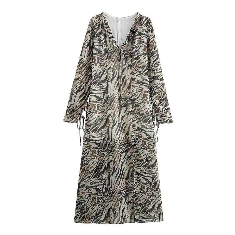 Casual Tiger Stripe Lace Up Women Dress Hollow Out V-neck Side Split Female Maxi Dresses 2024 Spring Autumn New Chic Lady Robe