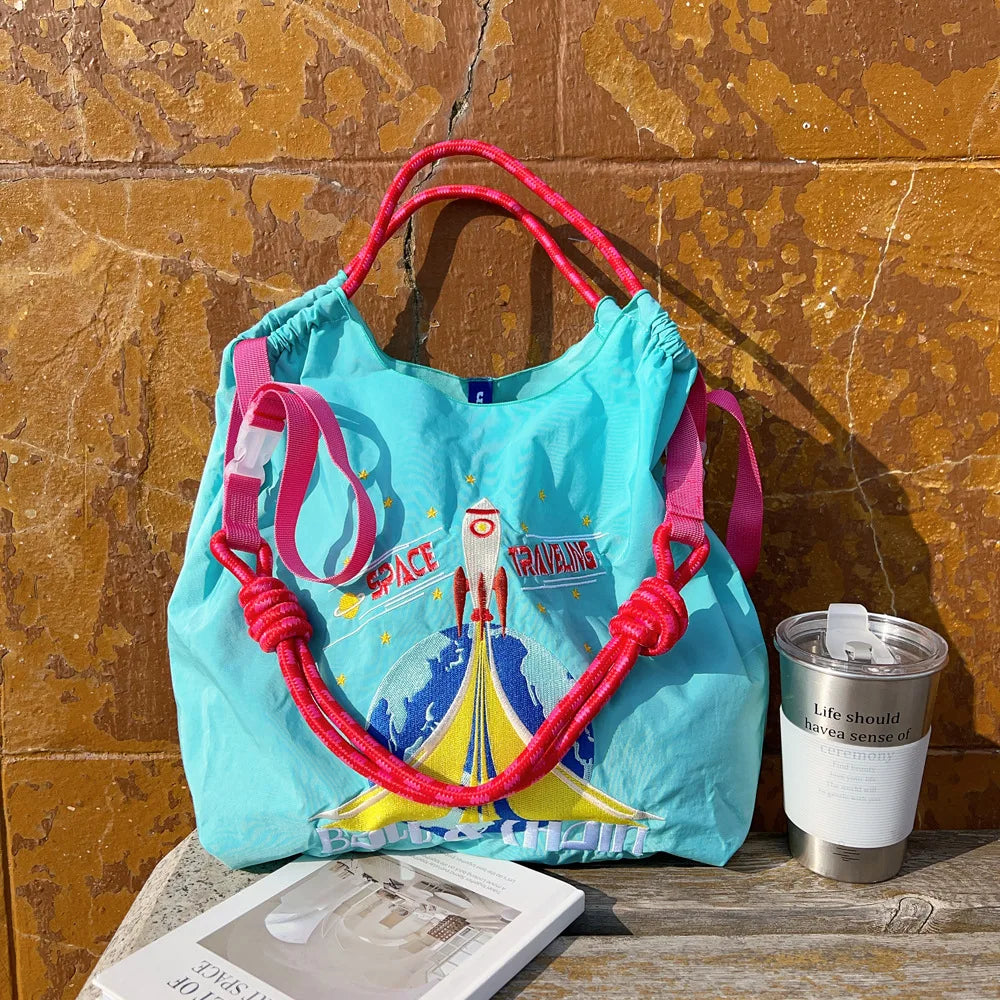 Large Medium Embroidered Shopping Bag, Casual Handheld Simple Large Capacity Shoulder Bag Shoulder Straps Included