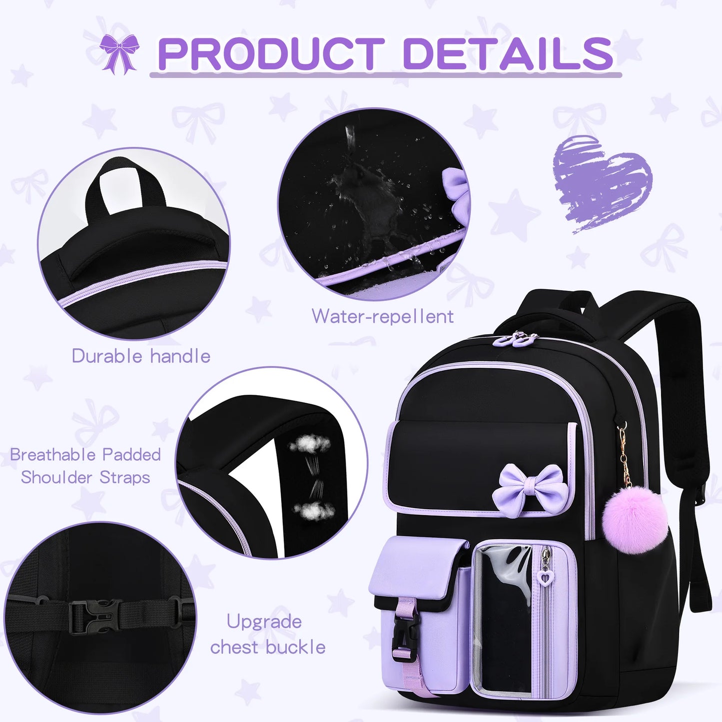 Three-piece Purple School Bag Set Casual with Pen Bag Students Schoolbag Durable with Lunch Bag Large Capacity bow Backpack book