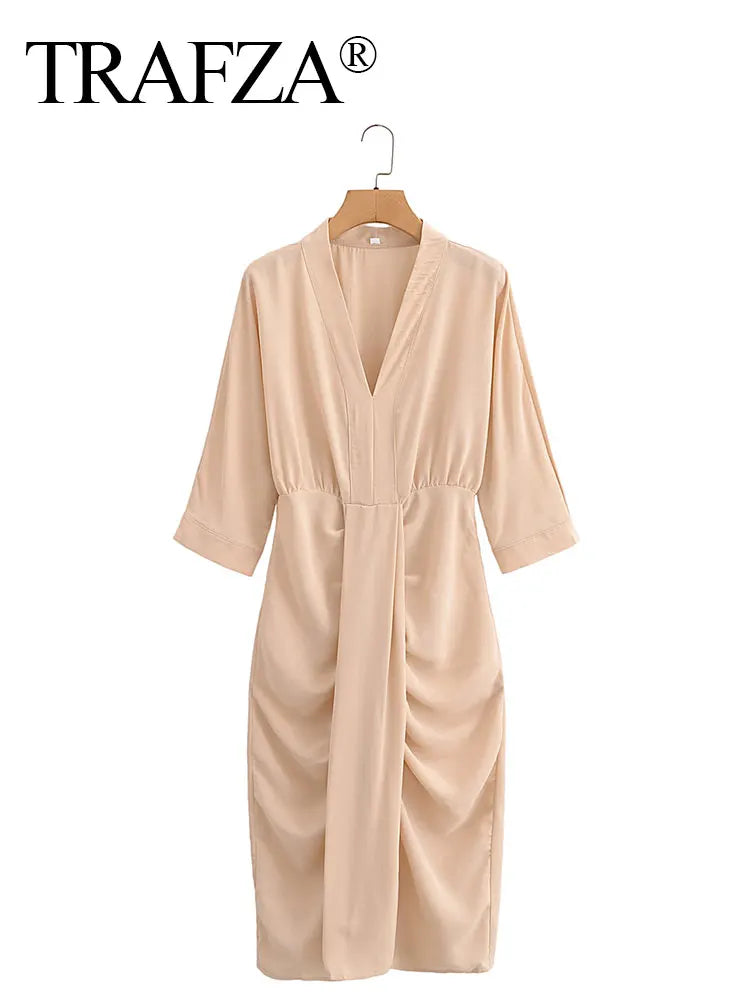 HH Dress Women Elegant Solid Waist Fitted Draped Dress Slim V Neck Half Sleeve Dresses Summer Woman Evening Dress Vestidos
