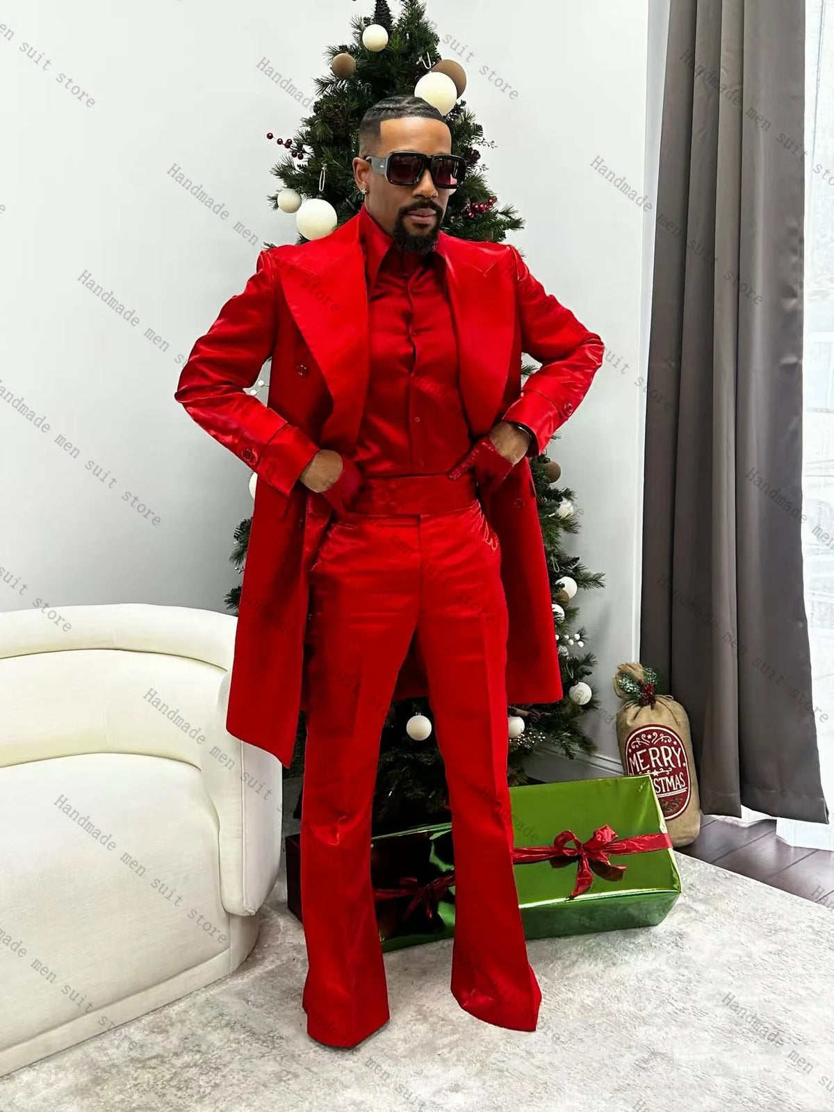Red Long Men Suit Set 2 Piece Blazer+Cotton Pants Prom Wedding Tuxedos Coat Customized Formal Office Fashion Jacket