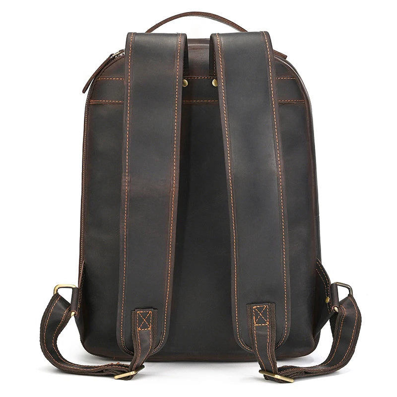 Luufan Men's Retro Crazy Horse Leather Backpack Brown Genuine Leather Rucksack Brown 14 Inch Laptop School Bag