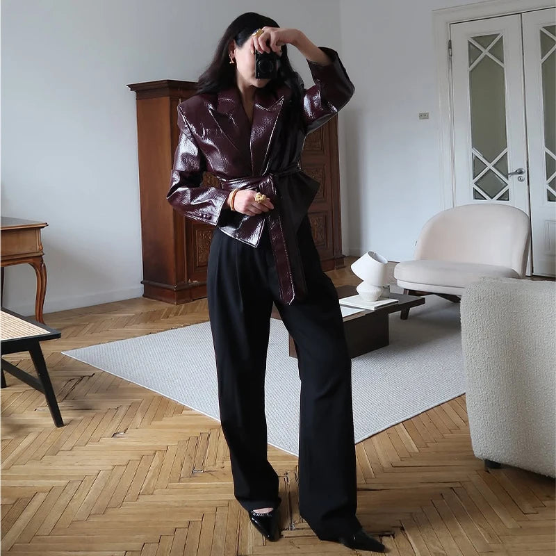 Glossy Lace-up Leather Jackets 2026 Autumn Female Lapel Shoulder Pad Full Sleeve Short Coat Women's Slim Waist-cinching Outwear
