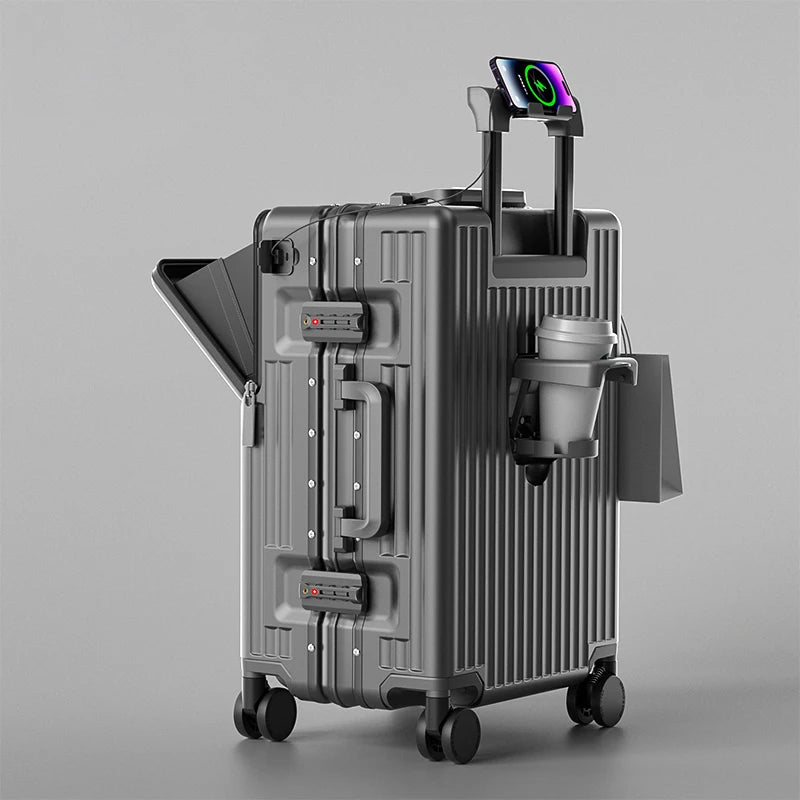 Front-opening Luggage with 24-inch Multi-functional Cup Holder Portable 20-inch Carry-on Suitcase 26-inch Large Capacity