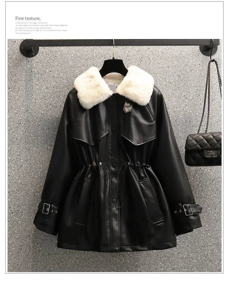 2026 Winter Age Reduction with Thick Velvet Loose Stand up Collar Motorcycle Wear PU Leather Jacket Long Sleeve Coat for Women