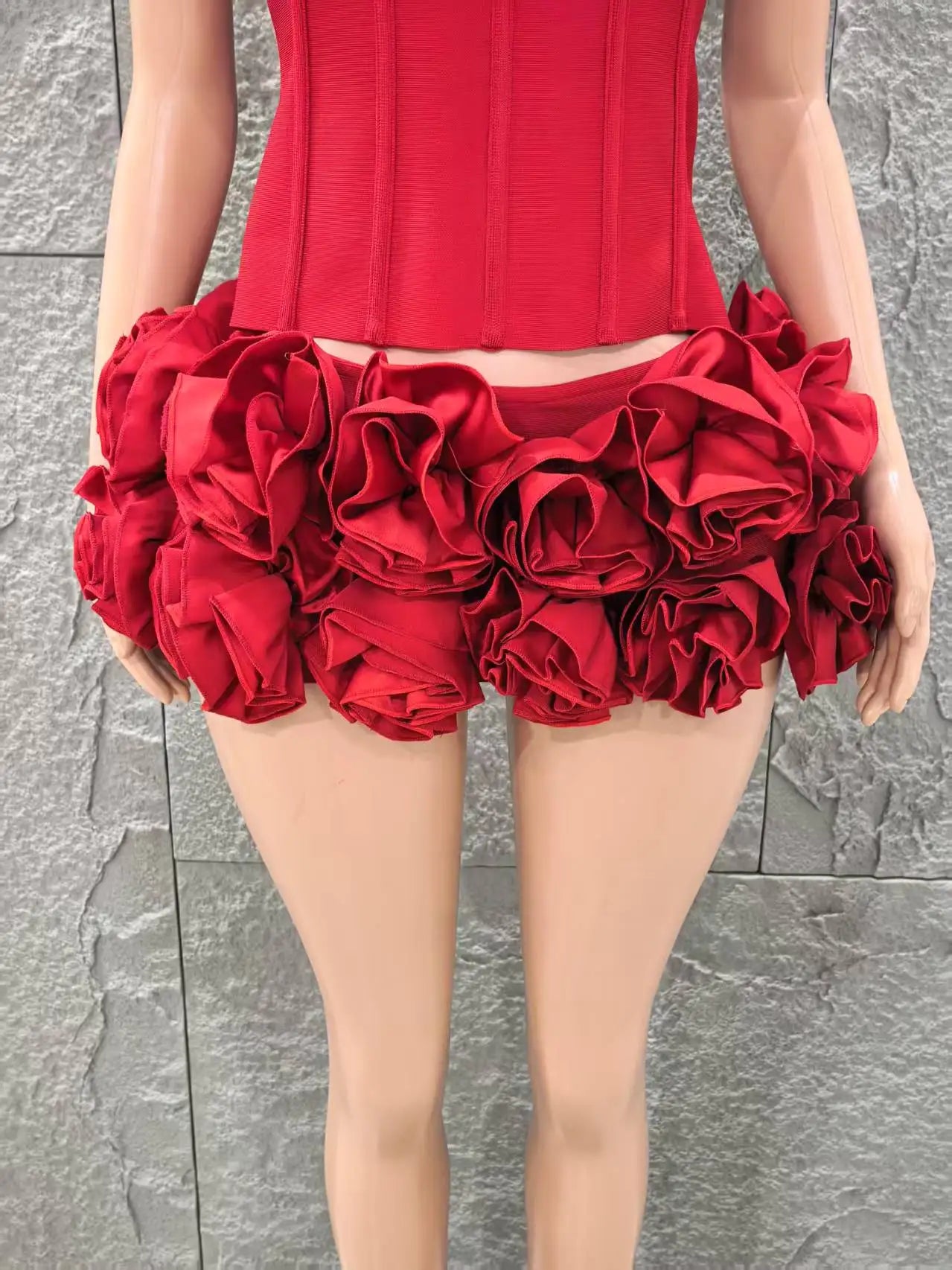 Red Color Women Sexy Strapless Full Florlas Bodycon Mini Bandage Dress 2 Pieces Set Celebrate Nightclub Party Birthday Wear