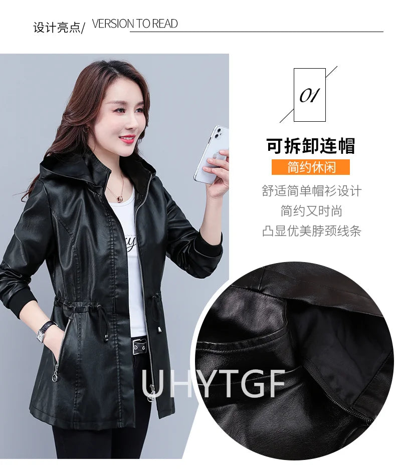 UHYTGF Fleece Winter Leather Female Quality Pu Leather Windbreaker Women Temperament Slim Warm 3XL Big Size Coat Deri Ceket 425