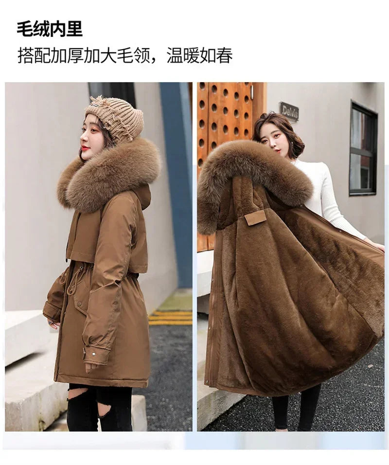 Winter Coat Low Price On Sale Women Beige Add Wool Thick Warmth Fur Hooded Parkas Jacket 2026 New Fashion Belt Slim Cotton Coat