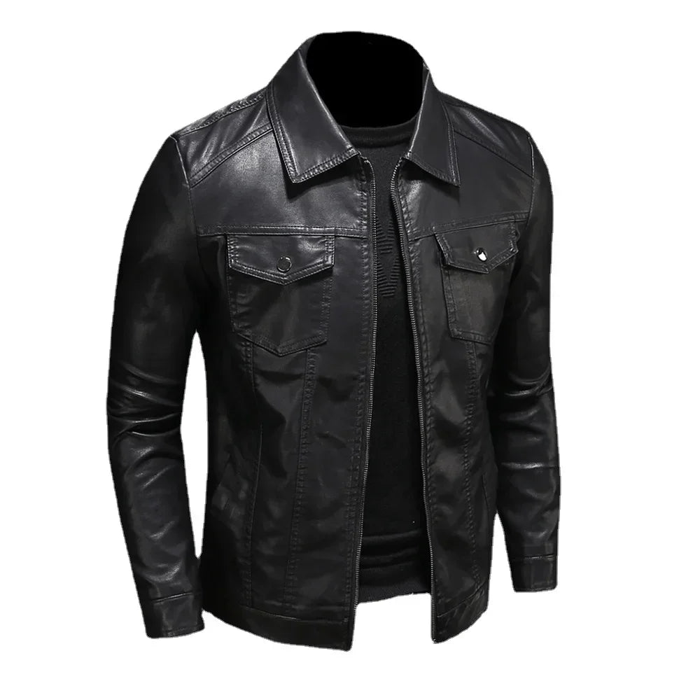Men's Motorcycle Leather Jacket Large Size Pocket Black Zipper Lapel Slim Fit Male Spring Autumn High Quality PU Coat