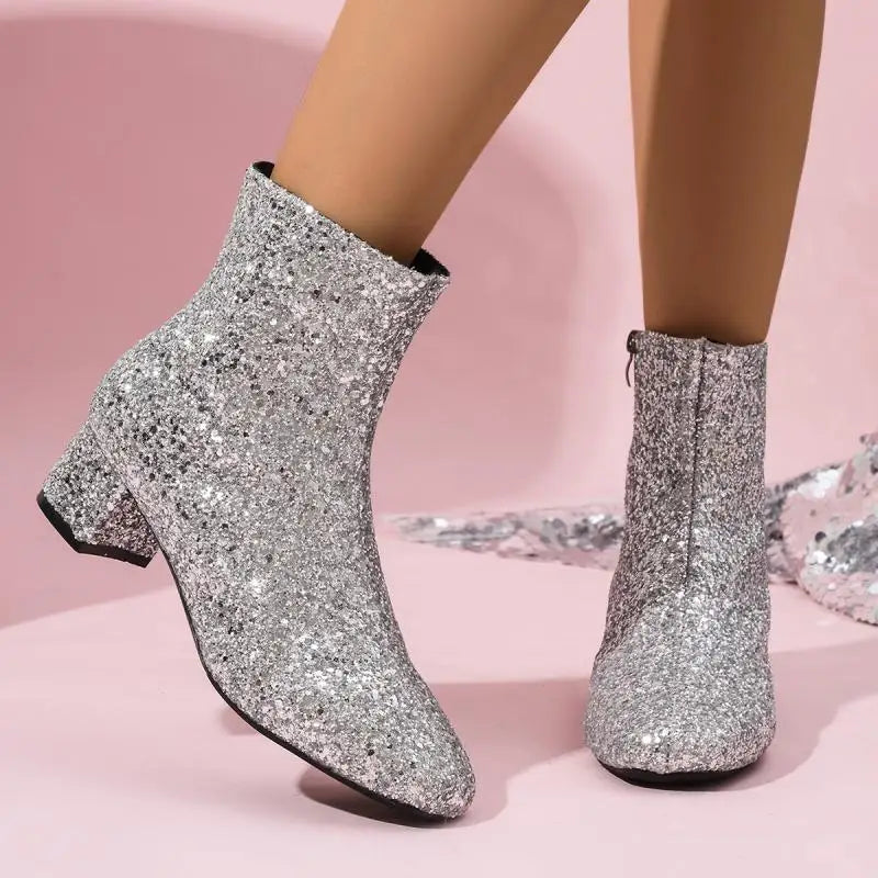 Luxury Sequin Fabric Ankle Boots Women 2026 Autumn Designer Square Toe Side Zip Short Boots Sexy Shiny Medium Heel Party Shoes
