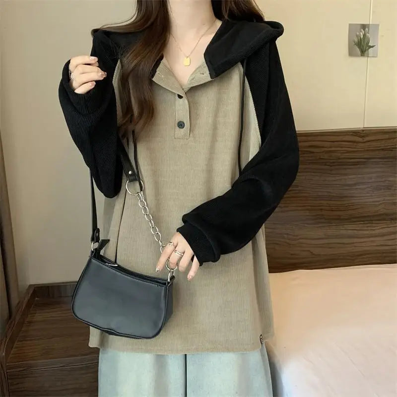 Women Clothing Fashion Casual Long Sleeve Hoodies Spring Autumn Loose Lazy Style Top Tee Office Lady Button Patchwork Pullover