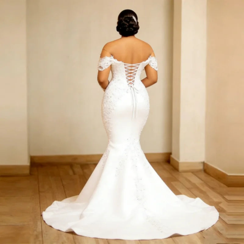 Customized 2026 African Style Brown Skin Wedding Dress Round Neck Satin Lace Beads Lace Up Style Mermaid Vestidos De Novia