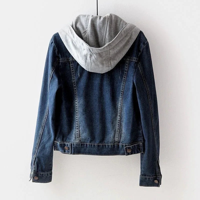 S-5XL Women Denim Jackets Spring Autumn Single-Breasted Detachable Hood Short Jean Jacket All-Match Casual Slim Outerwear