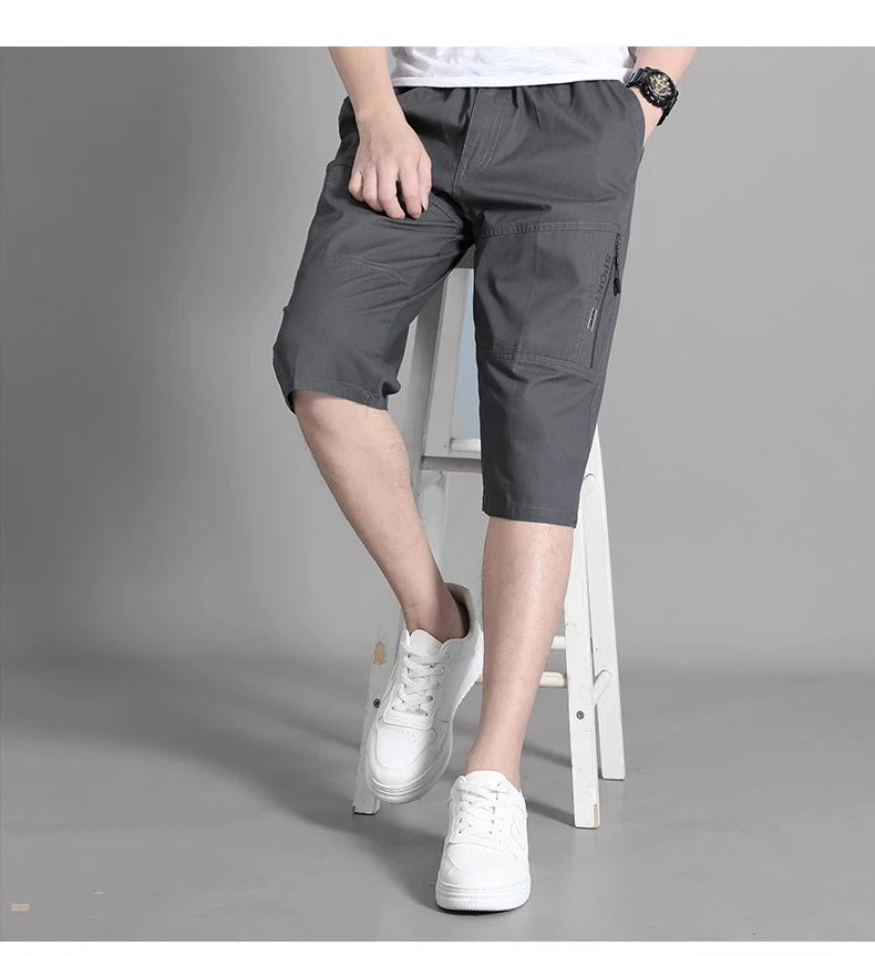 Zipper Pocket Workwear Shorts Mens Knee Cargo Pants 2026 Summer Cotton Shorts Men Climbing Jogger Elastic Waist Sports Work Wear