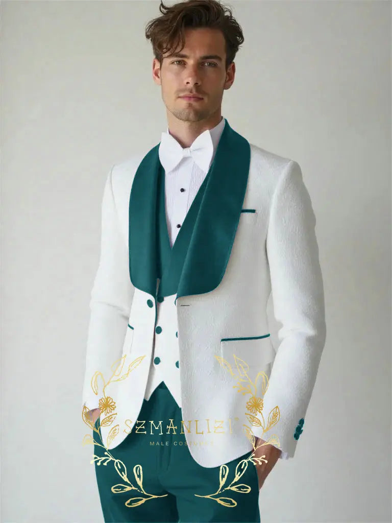 White Floral Wedding Men's 3-piece Suit Set (Jacket Pants Vest) Groom Tuxedo Formal Blazer Elegant Groomsmen Suit for Men