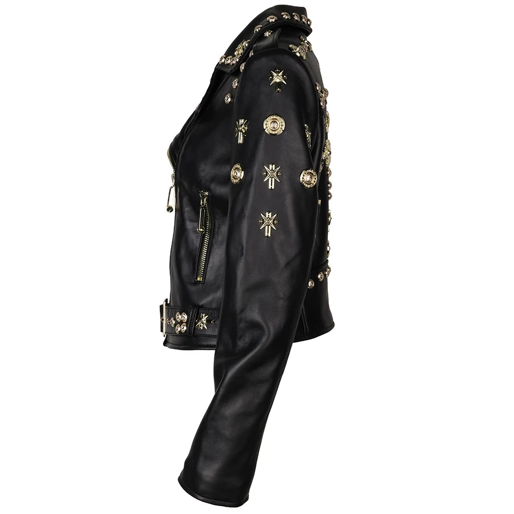 Women Stylish Gold Rivet Real Leather Jacket High Glossy Genuine Leather Asymmetrical Zip Biker Jacket