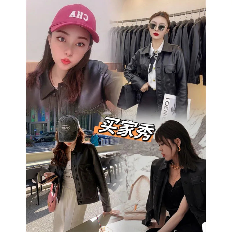 Lapel PU Leather Jacket Women 2026Spring Autumn New Coat Fashion Locomotive Goddess Overcoat High Quality Short Outerwear Female