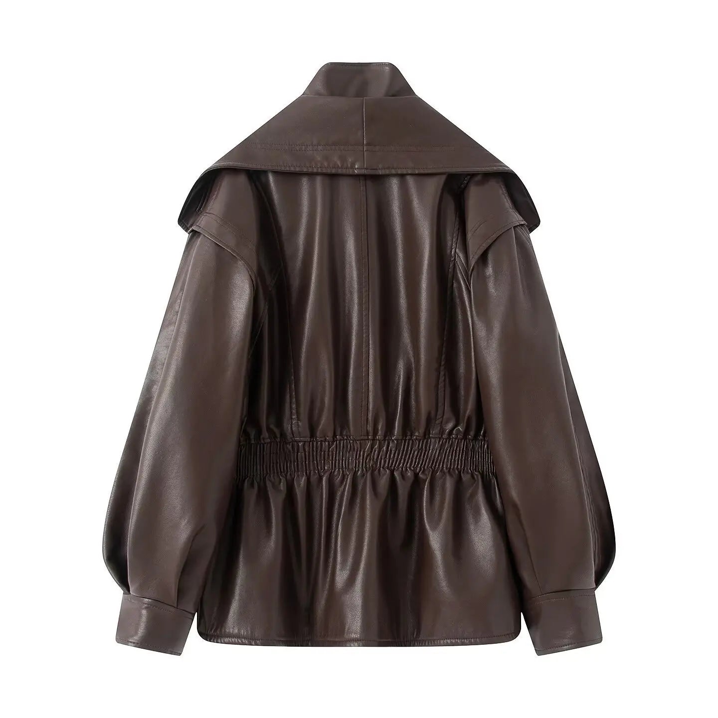 New Fall Winter High Street Warm Brown Zipper Pu Leather Jacket Women Casual Lapel Elastic Waist Cinching Coat Outwear Clothes