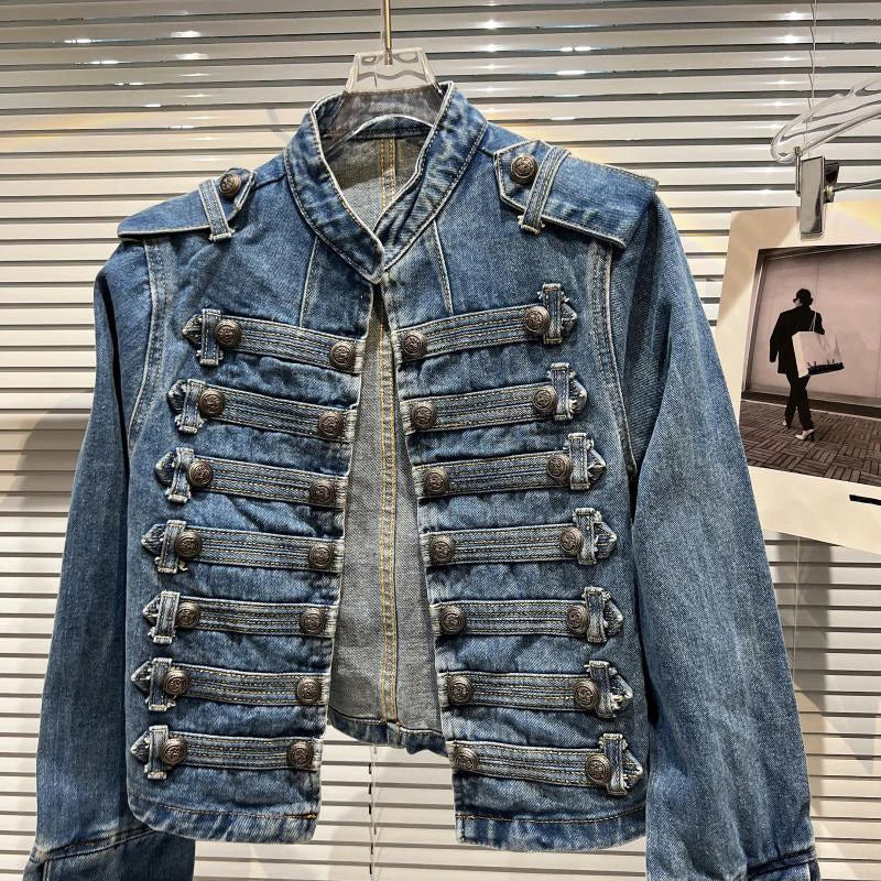DEAT 2026 Autumn New Fashion Metal Buckle Design Shoulder Strap Denim Short Jacket For Women High Street Coat Female 11A06995